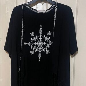 Love Tree Happens Womens Sz S Open Cardigan Black‎ w/White Western Print Fringe
